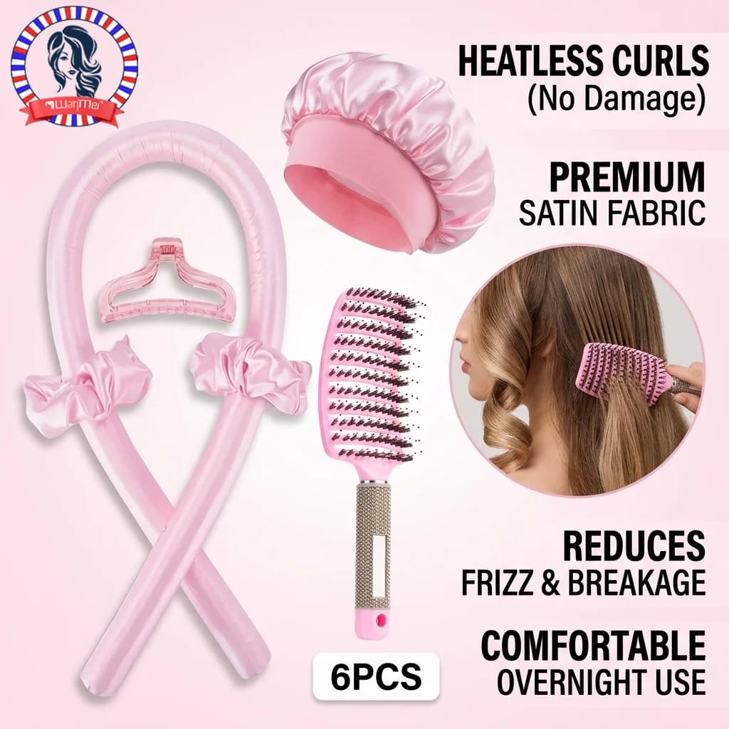 Set 6 Pieces for Heat-Free Riches, Nocturnal curls, Satin Headphone, Districate Brush with Seeds, Soft Kit for Women's Styling
