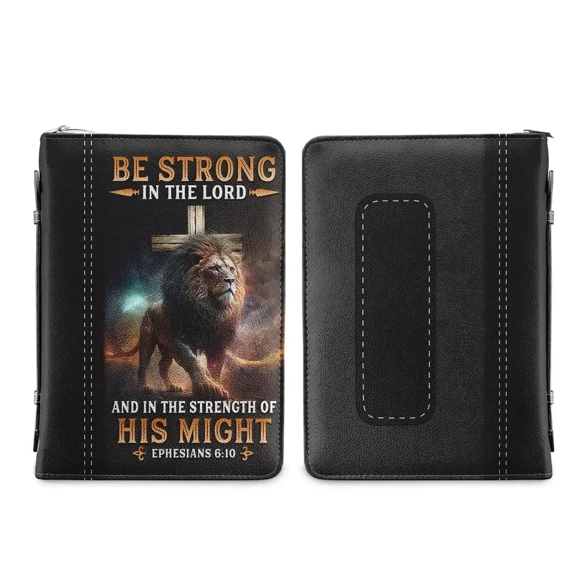 Borsa per Bibbia in Pelle con Stampa Imitazione Pelle, Design Leone e Croce, con Scritta 'Be Strong In The Lord', Custodia per Trasporto Bibbia e Libri di Studio con Manico