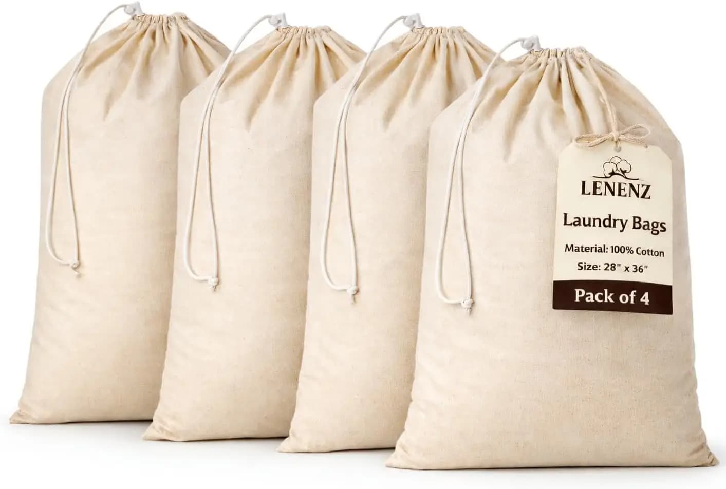 Confezione da 4 sacchi per biancheria in cotone riutilizzabili - Grandi 28x36 pollici - Lavabili in lavatrice, resistenti, borse da viaggio multiuso