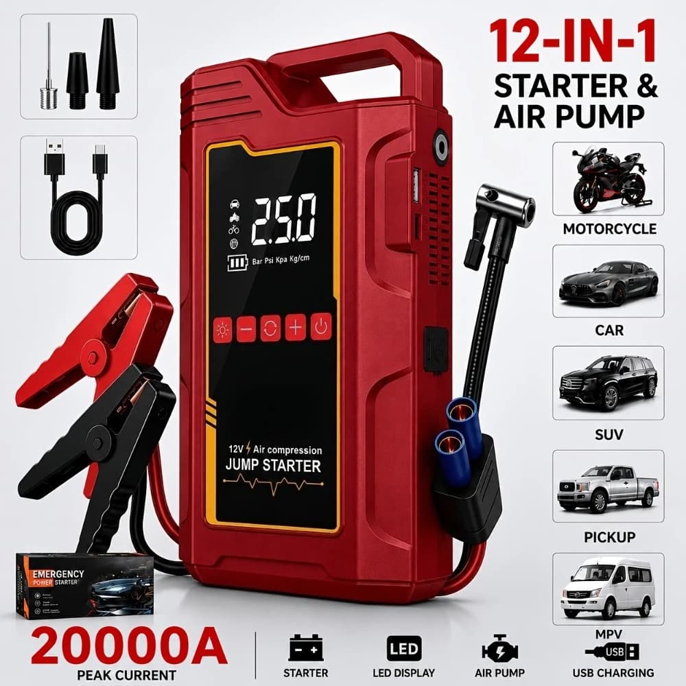 20000A Peak 12-in-1 Portable Jump Starter with Air Compressor for All 12V Vehicles, 250PSI Tire Inflator, Fast Charge USB/Type-C Power Bank, LED Emergency Light, Heavy Duty Car Battery Booster, Perfect Father's Day Gift