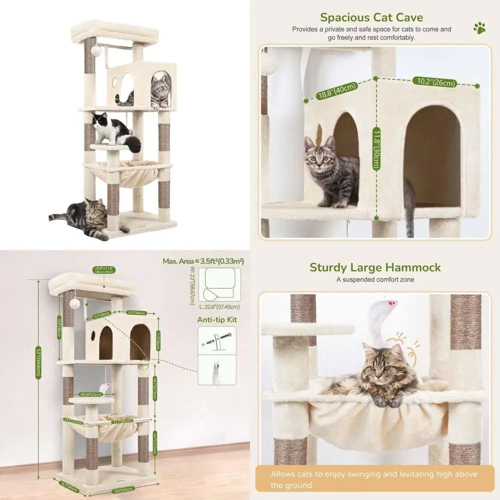53 Albero per gatti da interno in peluche alto con amaca, grotta e letto imbottito, beige F53