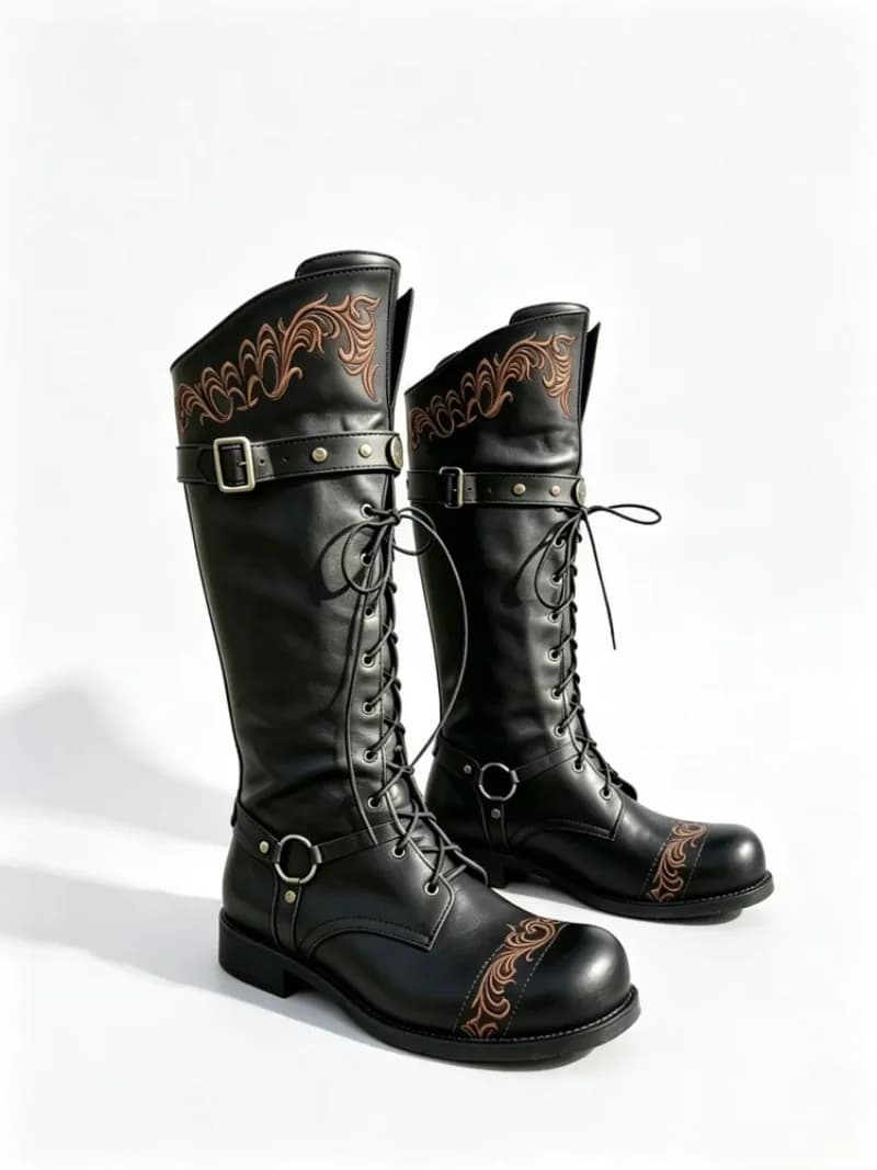 Women Knee High Boots Autumn Winter Lace Up Embroidery Sexy PU Retro Buckle Shoes Ladies Motorcycle Snow Boots Plus size 38-50