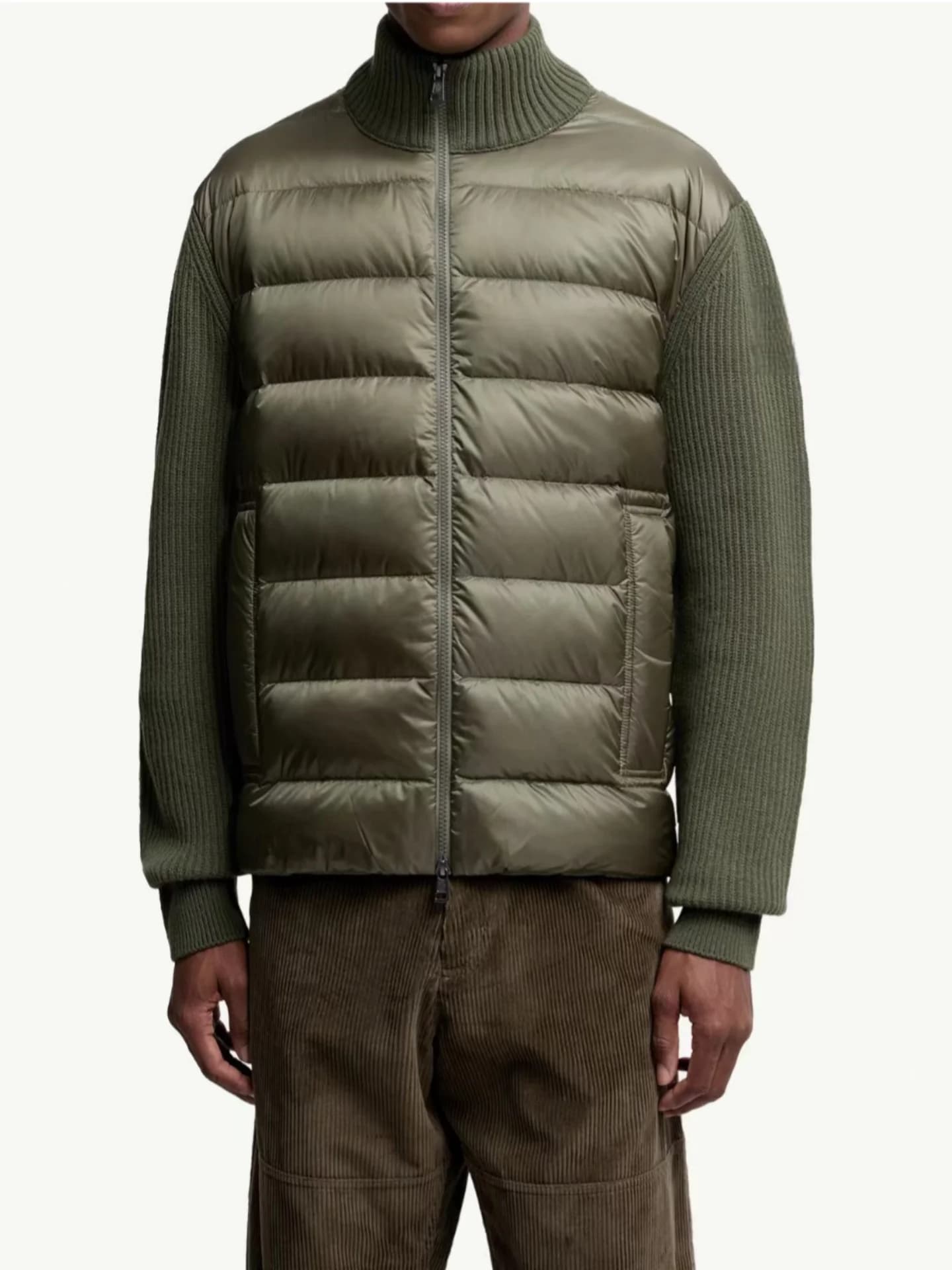 Giacca da uomo classica americana casual in lana lavorata a maglia con patchwork e collo alto, imbottita in piuma d'oca bianca, stile Rib Bone, per sport all'aperto