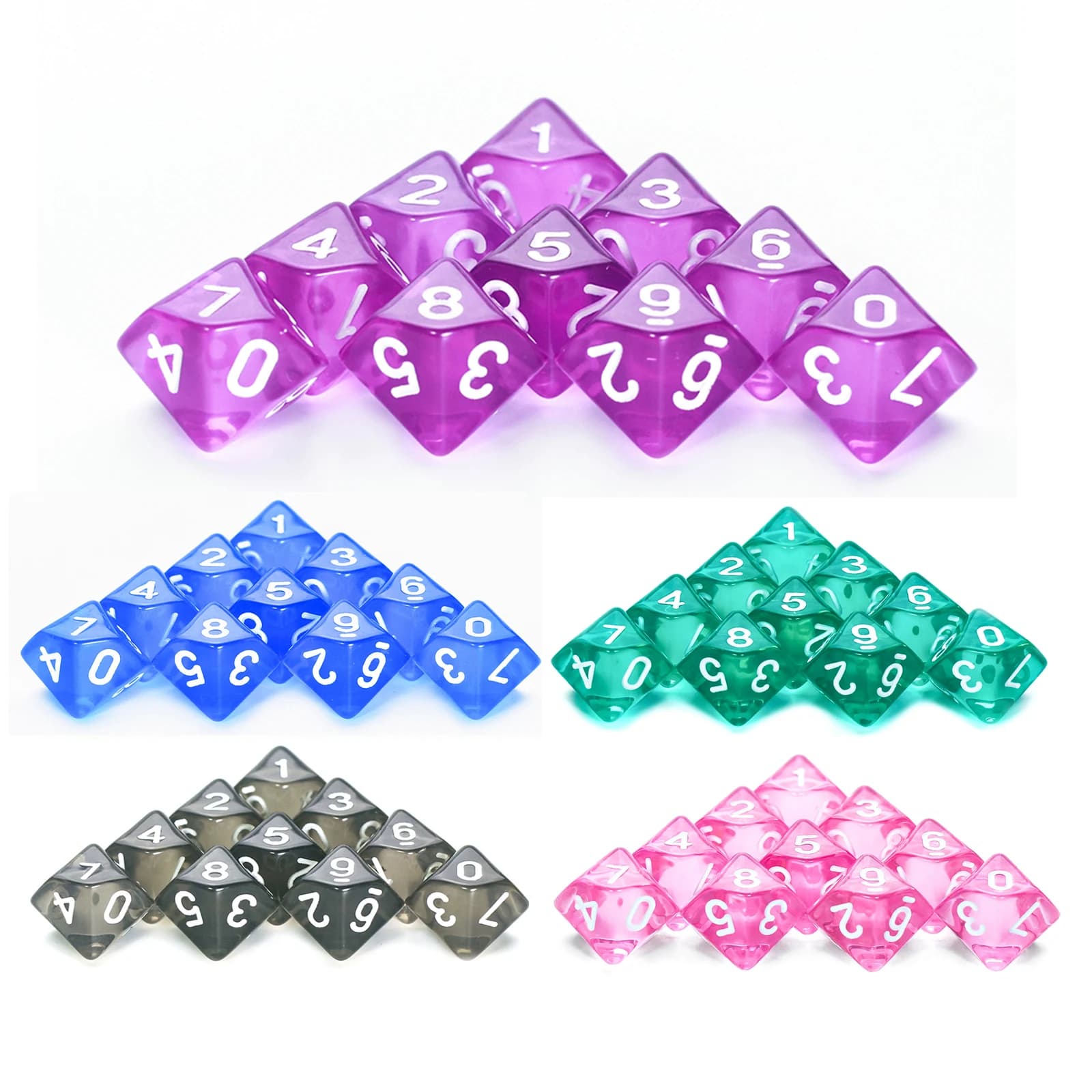 10Pcs 10 Sided Transparent Color Dice Set, Plastic D10 for Role Playing Board Games - Gaming Accessories