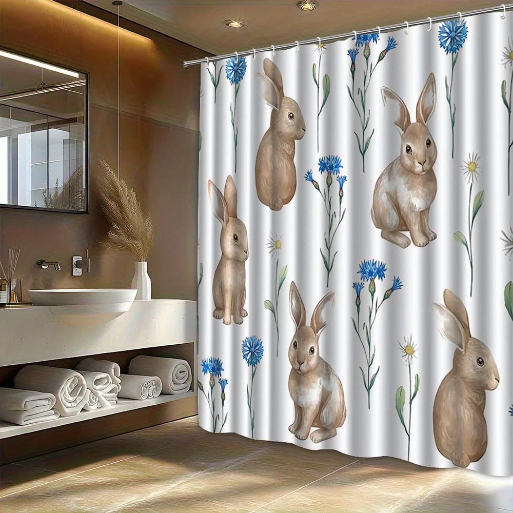 Watercolor Rabbit Shower Curtain Cute Bunny Blue Flower Print Waterproof Bathroom Decor, Farmhouse Animal Lover Home Bath Screen