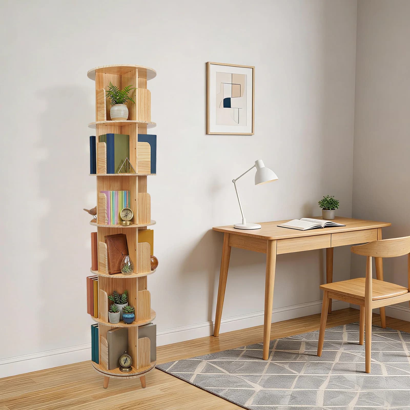 Libreria Girevole a 6 Ripiani, Scaffale Rotante in Legno Massello con Gambe, Porta Libri in Pino per Soggiorno, Ufficio, Studio