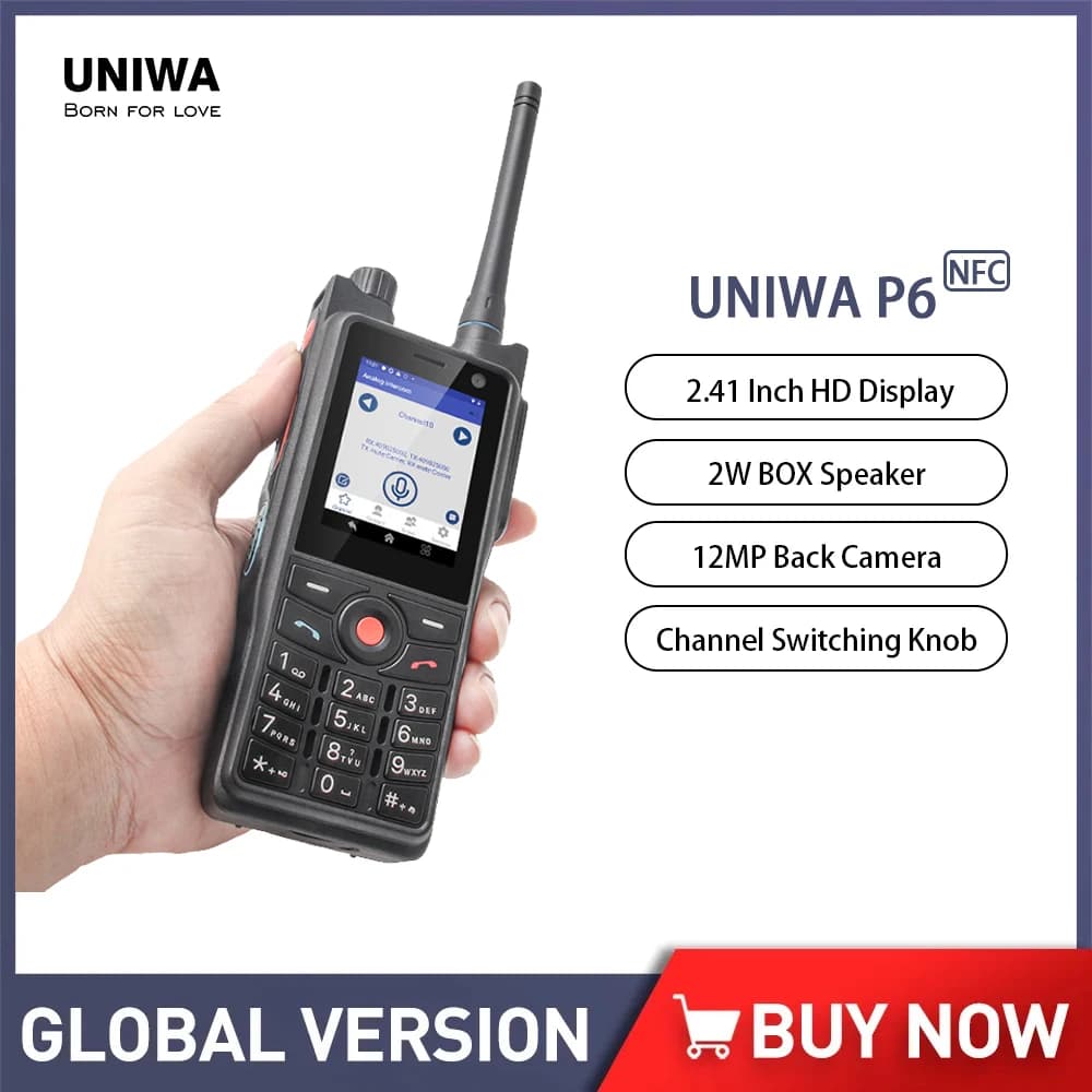 UNIWA P6 4W DMR/analogico Dual Mode Walkie Talkie 2.41 "Touch Screen 3GB + 32GB IP68 Smartphone robusto Android 9 2500mAh PTT SOS NFC