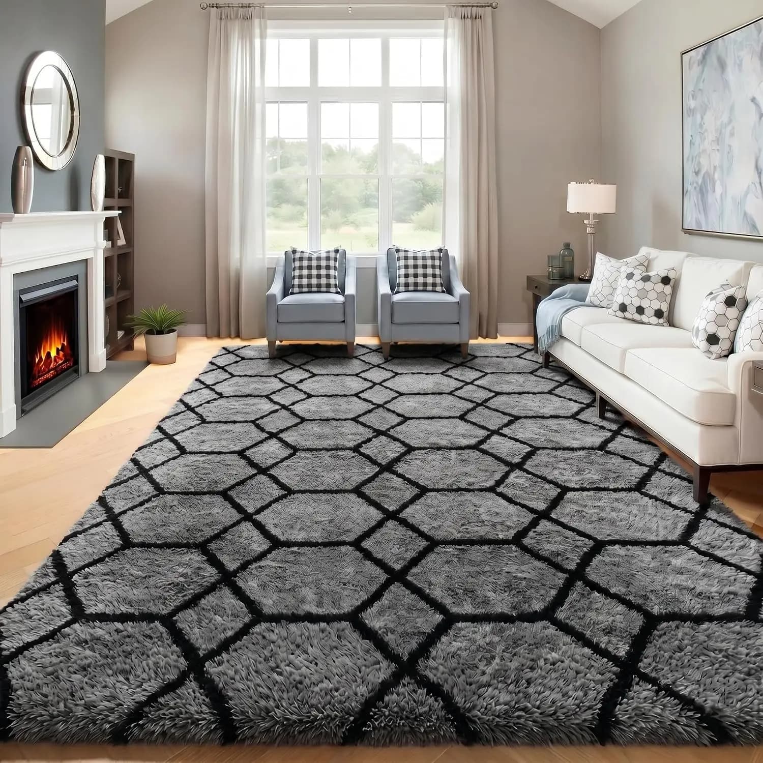 6x9 Geometric Area Rug - Soft Shaggy Carpet for Living Room, Bedroom, Home Office