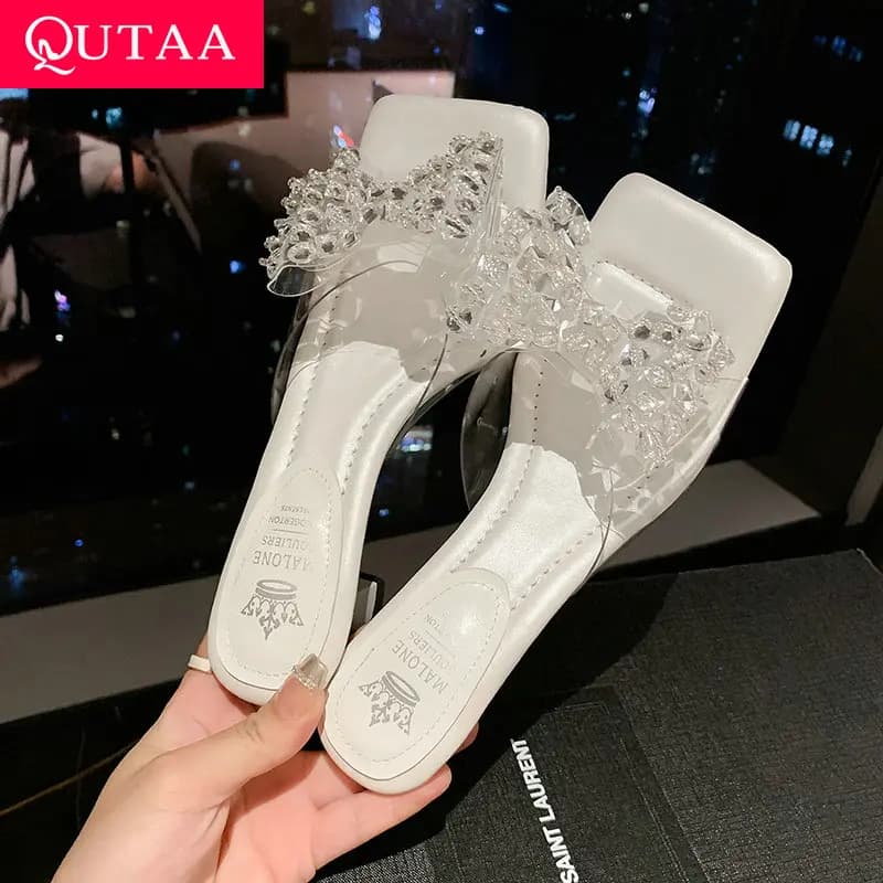 QUTAA 2025 Moda Donna Sexy Sandali Scarpe Tacchi alti Arco PVC Open toe Party Strass Pantofole Scarpe eleganti Ufficio Taglia 34-40