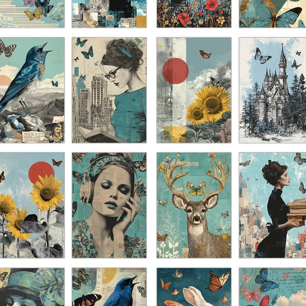 32 art cards with surreal collage, fantasy, interior bedroom furniture, wall stickers, message tickets, greeting cards, commemorative tickets