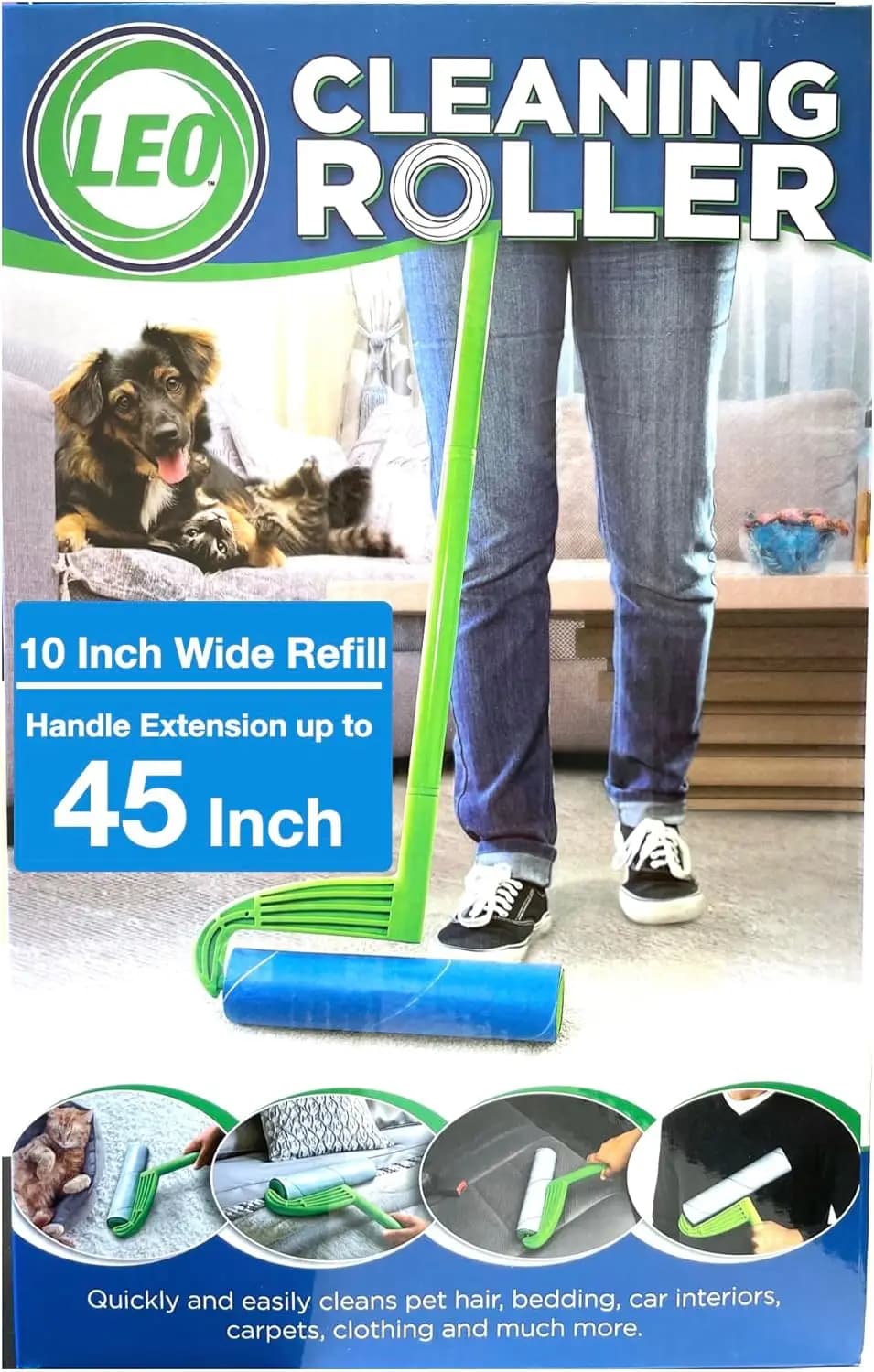Rullo leva-pelucchi da 10 pollici con manico estensibile, extra adesivo per peli di animali domestici e pulizia dei pavimenti, 1 ricarica