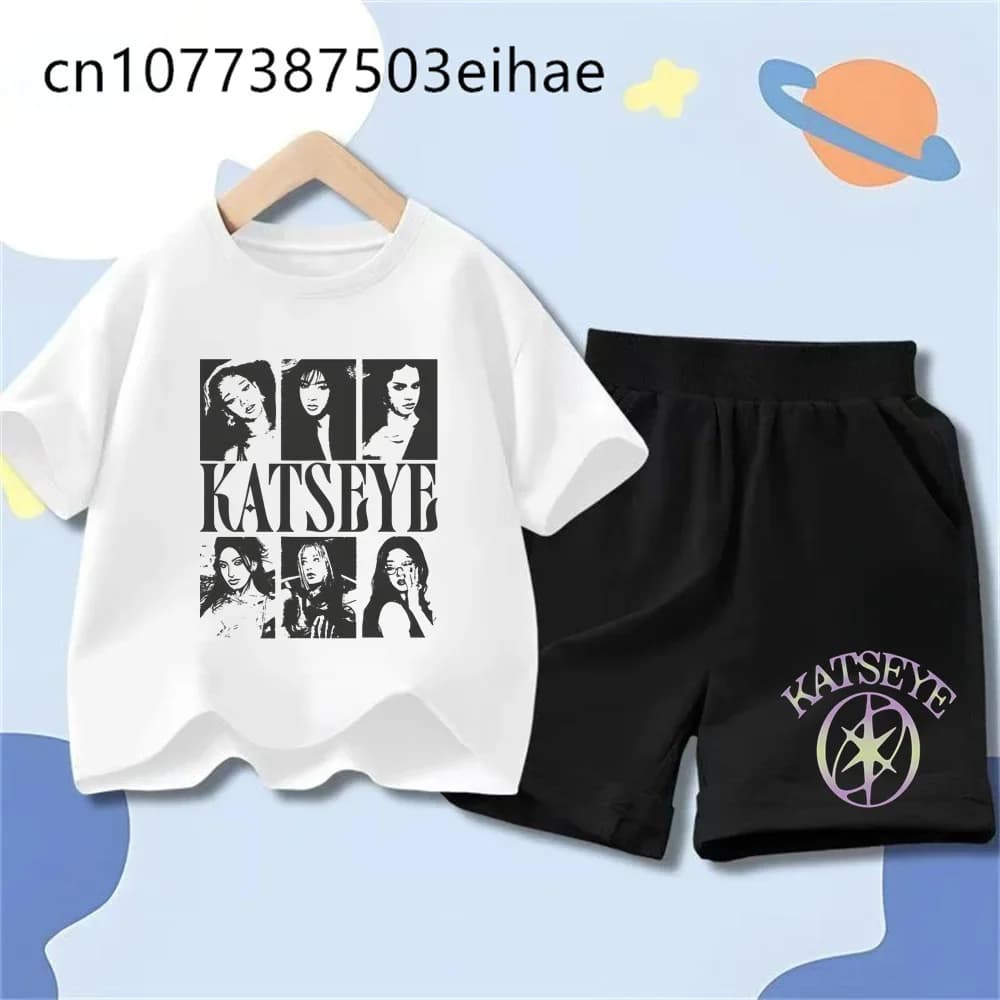 Boys Girls Katseye Funny Cartoon Print Short Sleeve T Shirt Shorts Set Summer Breathable Casual Athletic Sport Costume Suit
