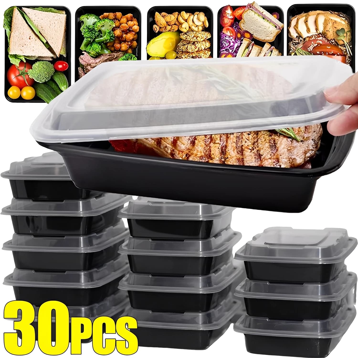 10/30 pcs Containers For Food Use And Drop Plastic Salads Black Panini Lunch Box with Covers Home Kitchen Fridge Storage Boxes