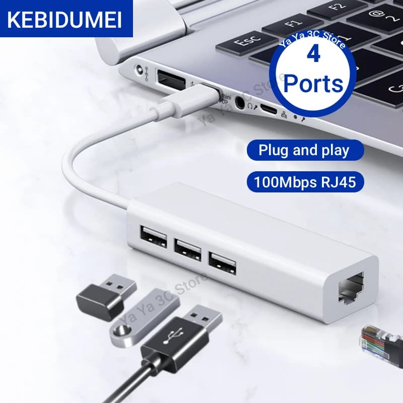 Adattatore USB C 4 in 1 con Scheda di Rete 100Mbps, da USB a RJ45 Ethernet LAN, Hub Splitter USB 2.0 Tipo C per MacBook e PC
