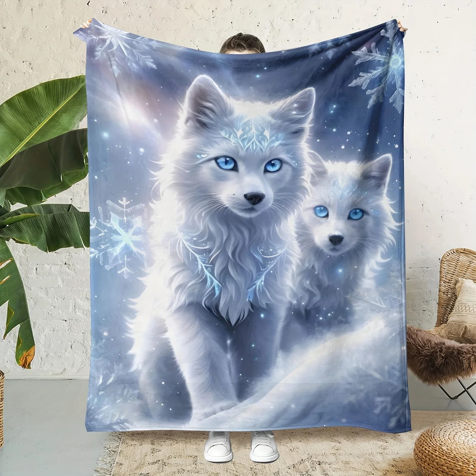 UltraSoft Bohemian Wolf Print Flannel Throw Blanket - Large Wolf Pack Design Bedspread, 250-300 GSM Thermal Luxury Bed Cover, Mu