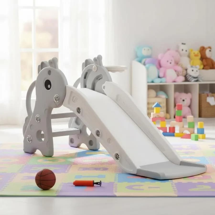 AIYAPLAY Scivolo 3 in 1 per Bambini con Arrampicata, Canestro da Basket e Palla, Scivolo a Forma di Giraffa per Interni, per Bambini da 1 a 3 Anni, Grigio