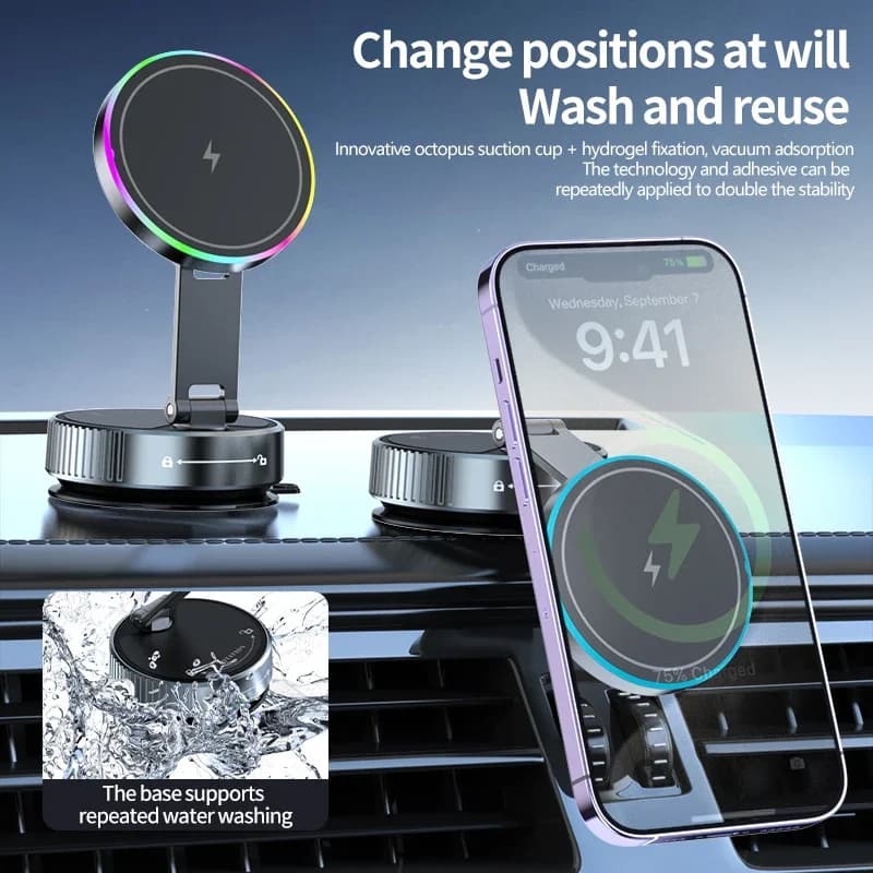 Caricatore Wireless per Auto 15W con Supporto Telefono a Ventosa, Pieghevole, per Tesla Model Y BMW Mini Cooper