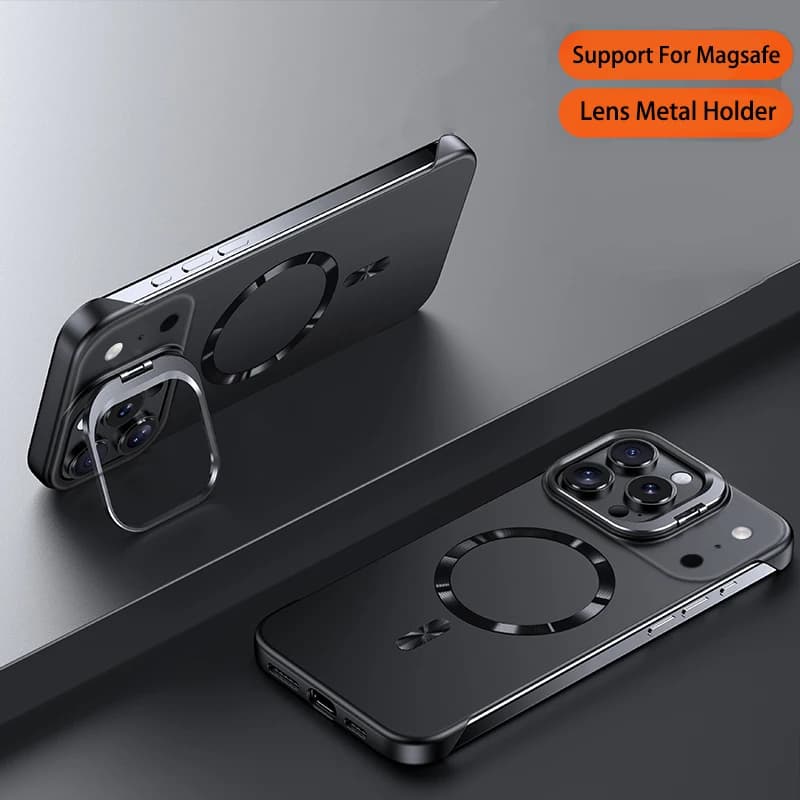 Frameless magnetic case with metal lens support for Magsafe iPhone 17 Air 16 15 14 Pro Max 13 Cover for PC with ultra thin solid matt leather