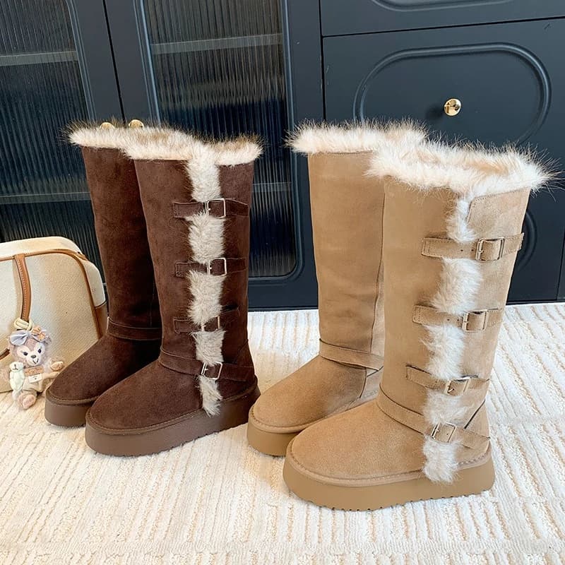 Stivali da neve con plateau con fibbia in metallo Inverno Nuove scarpe alte con plateau in pelle scamosciata con testa tonda