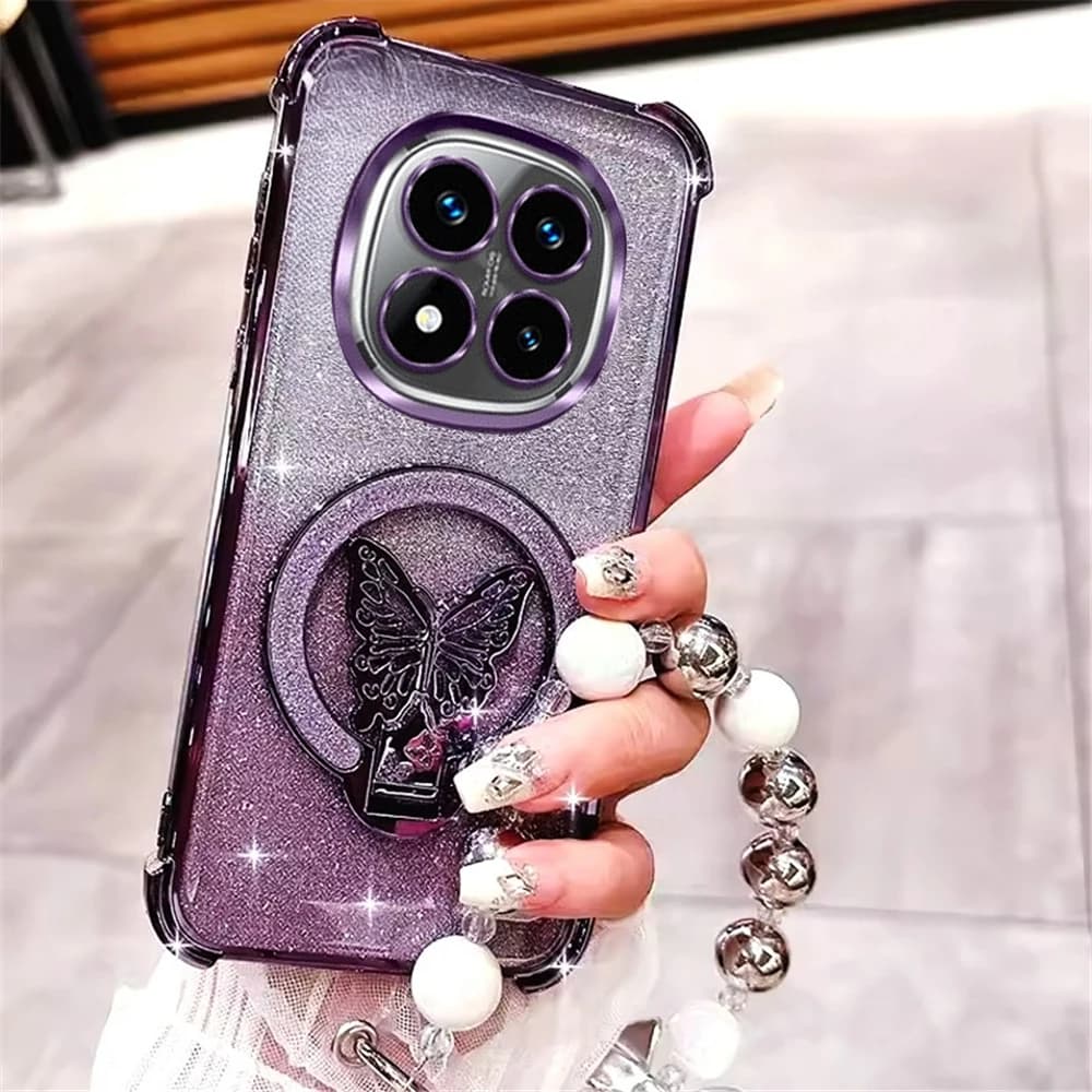 Custodia per telefono con supporto a farfalla e braccialetto di perline per Xiaomi Redmi Note 14 Pro Plus 14S Note 15 Pro 4G 5G, antiurto, glitterata, morbida