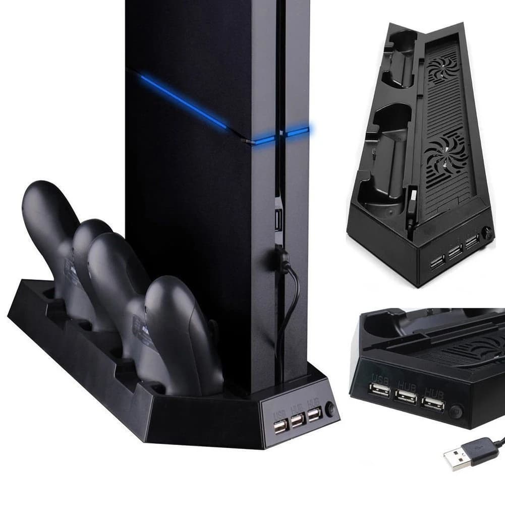 Supporto Verticale con Ventola di Raffreddamento e Stazione di Ricarica per Console PS4, Dock Caricatore per Controller, Supporto per Accessori Playstation4 con Raffreddamento