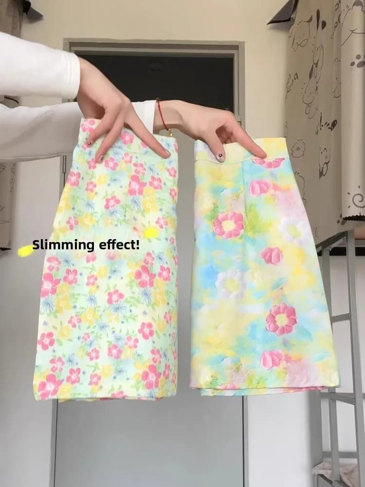 Dopamine Floral Print High Waist Short Skirt Women's plus Size A-Line Bodycon Skirt Hip Concealing Half-length Skirt