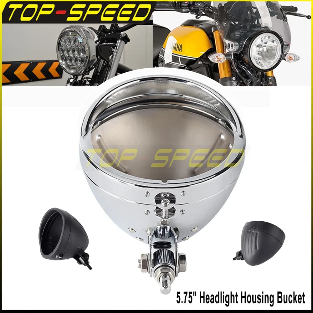 Alloggiamento faro moto nero/cromato Anello di montaggio guscio luce Montaggio diretto Faro rotondo da 5,75 pollici con visiera lunetta secchio