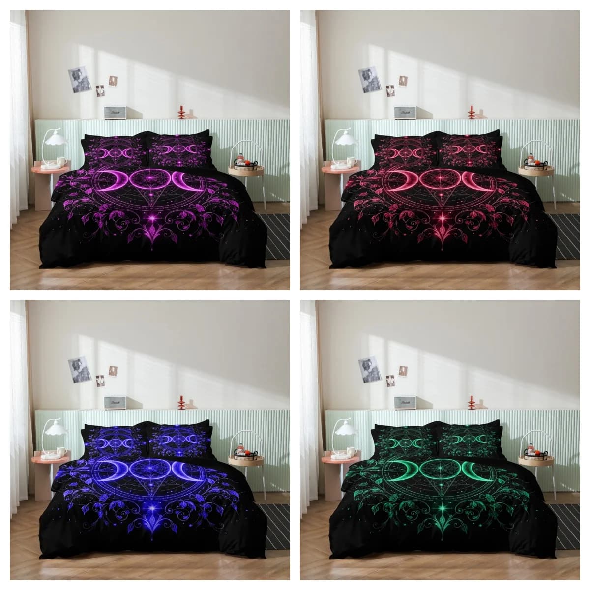 Set di 3 Pezzi Copripiumino con Simbolo Luna Crescente Fucsia, Elegante Motivo Celeste con Foglie, Decorazione per la Casa e per le Vacanze