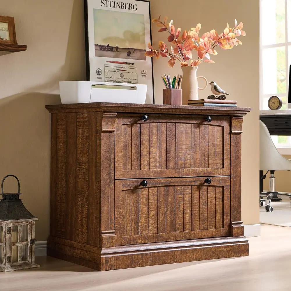 Cassettiera in stile rustico con 2 cassetti, armadietto laterale da 35,3 pollici con schedari a sospensione, cassetti interconnessi, in legno rustico