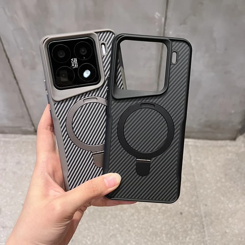 HOCE Modello in fibra di carbonio di lusso magnetico per custodia Magsafe per Xiaomi 15 Pro 14 Pro con staffa invisibile Cover posteriore rigida per PC