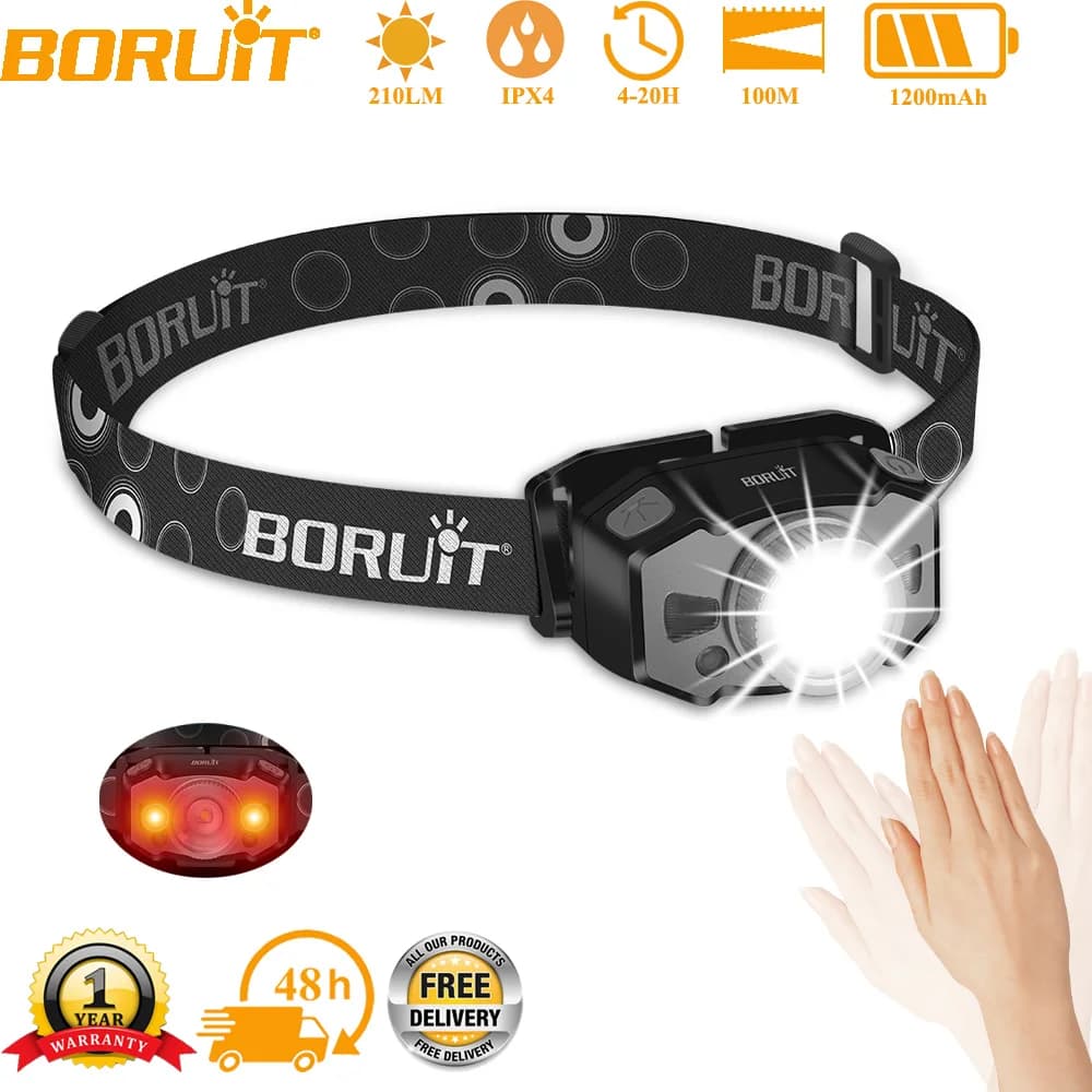 BORUiT B33 Front torch with IR motion sensor, rechargeable by Type-C, with XPG LED light and red light for camping, fishing and emergencies
