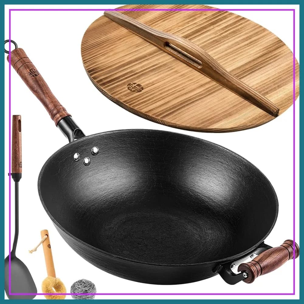 Padella Wok in Ghisa da 12,6 Pollici con Coperchio in Legno, Padella Cinese per Stir-Fry con Fondo Piatto Non Rivestito, Resistente per Piani Cottura a Induzione, Gas ed Elettrici