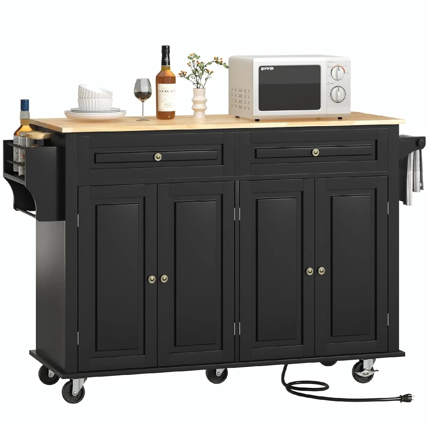 55" Rolling Kitchen Island with Drop Leaf & Outlet, Cabinet, 2 Drawers, Spice Rack, Towel Bar, Hook, Customized
