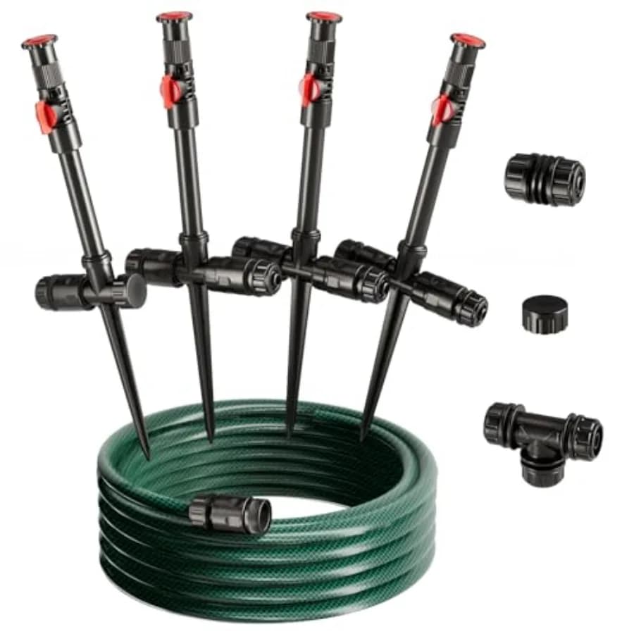Sistema di irrigazione flessibile fuori terra fai-da-te con tubo da giardino da 15 m e set di irrigatori multi-regolabili per prato e piante