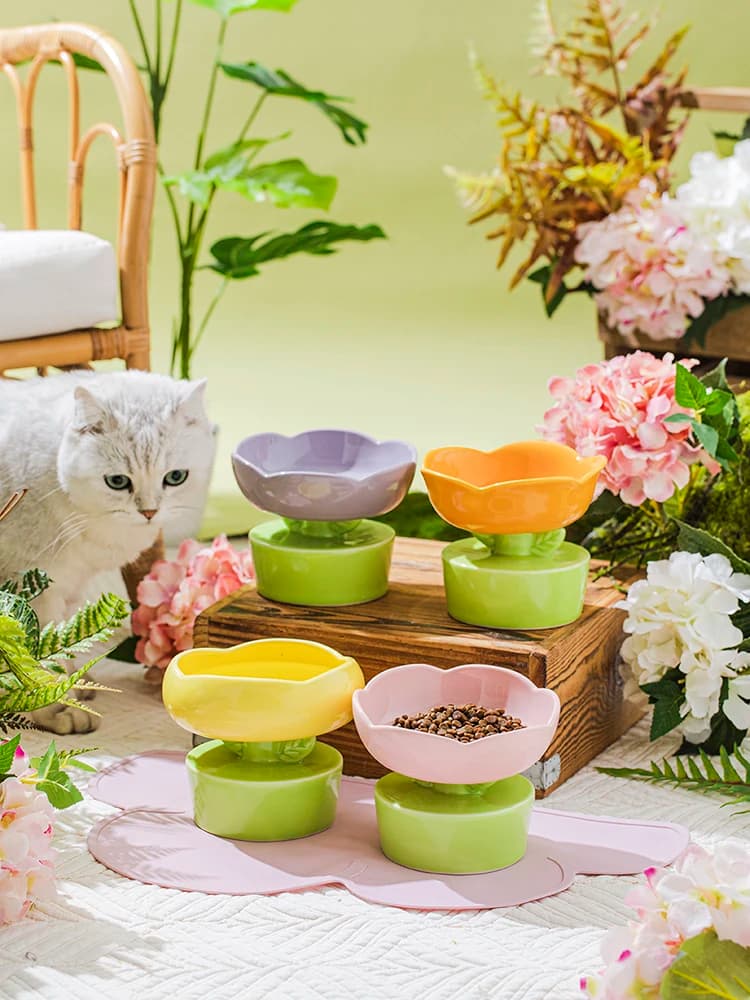 Flower Shape Ceramic Elevated Cat Bowl Puppy Dog Food Water Snack Bowl For The Cat Raised Cat Dish Feeder Drinker Pet Supplies