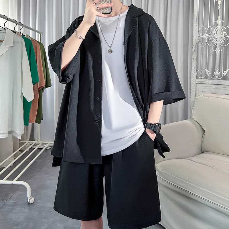 Camicia da uomo in stile coreano + pantaloncini Solid manica corta Top pantaloni abbinati moda estiva abbigliamento oversize da uomo