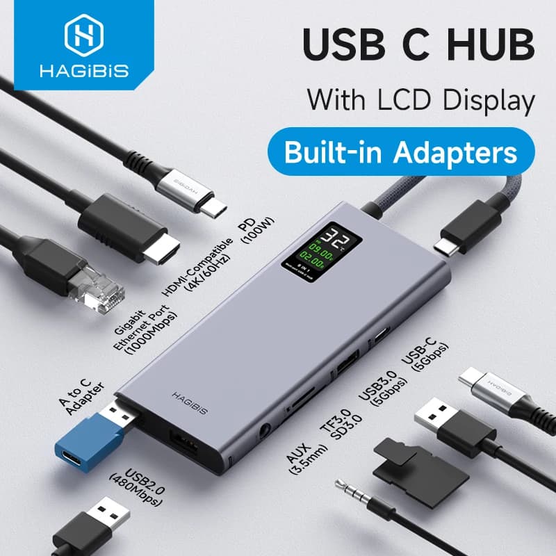 Hagibis Hub USB C with LCD display Multiport Type C 4K Adapter Compatible with HDMI 100W PD Gigabit Ethernet for MacBook Pro iPad HP