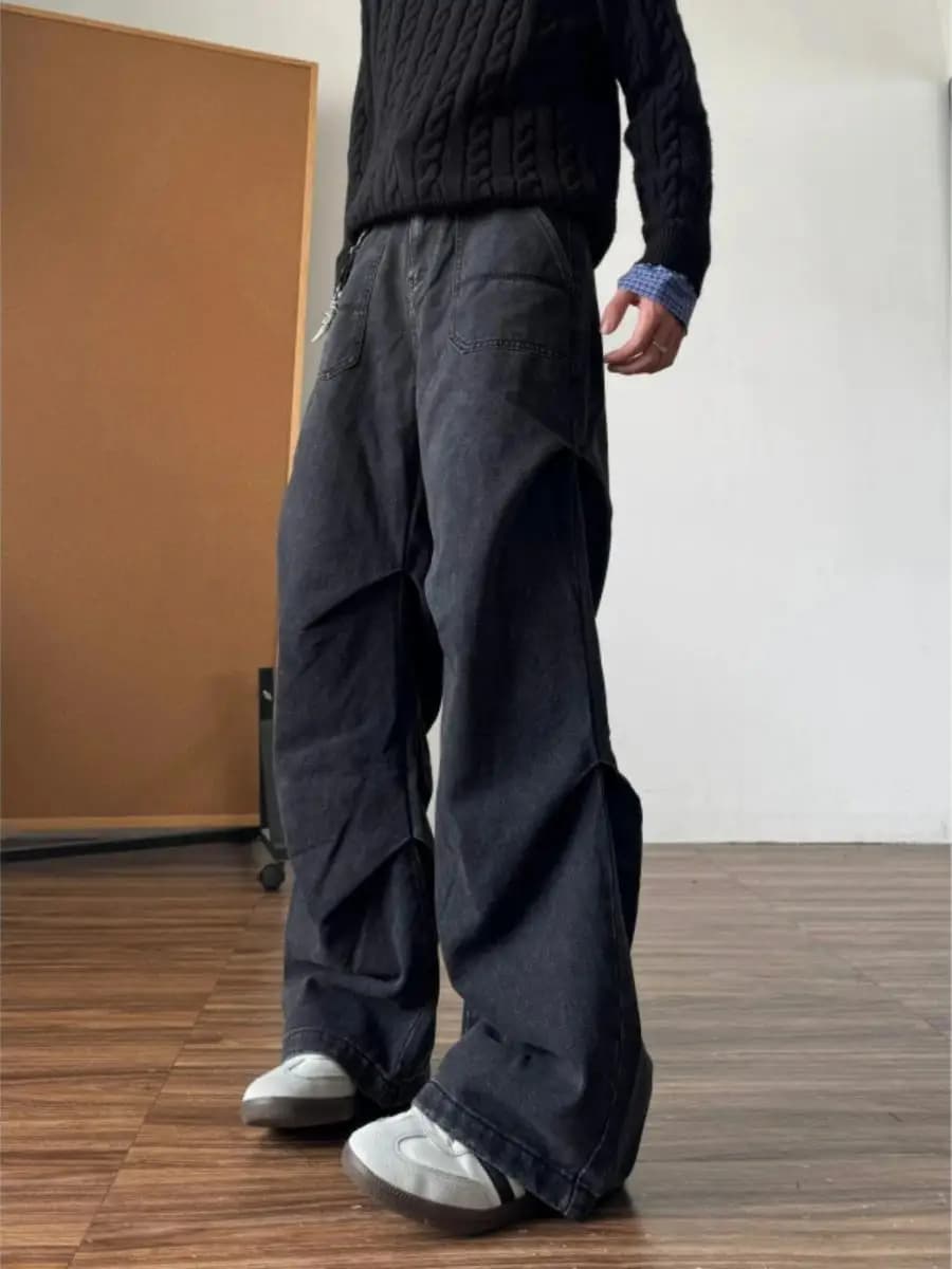 Washed Denim Jeans Men's Winter Vintage Straight Leg Wide Leg Pants Folded High Street Umbrella Neutral Casual Loose Fit
