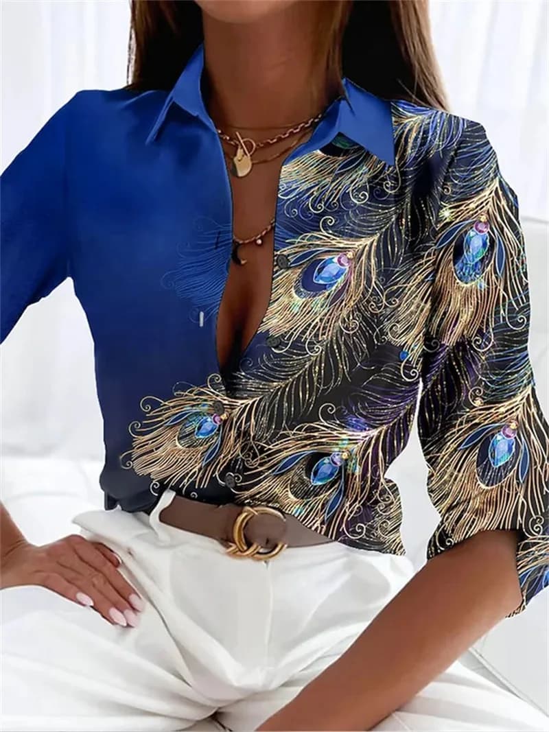 Women's Shirts with Fashionable Feather Pattern Spring Summer Long Sleeve Printed 3D Women's Casual Street Blouse 3XL Large Top