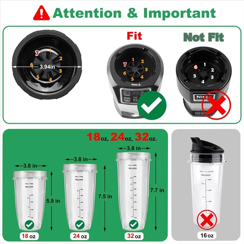 Parti di ricambio per frullatore per Ninja Auto IQ, tazze per frullatore Ninja da 24 Oz + 32 Oz con set di coperchi da asporto, lama per estrattore di alette, nuova