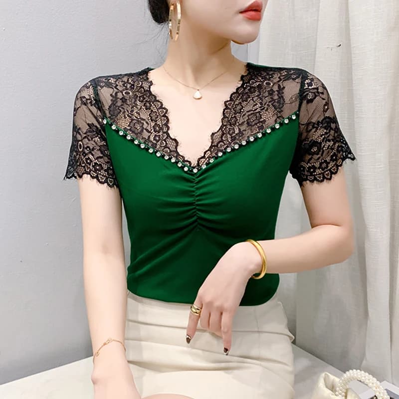 2025 Estate di Nuovo Modo Della Camicia di Pizzo Patchwork Fatta A Mano In Rilievo Donne T Shirt Sottile Coreano A Maniche Corte Casual Magliette E Camicette