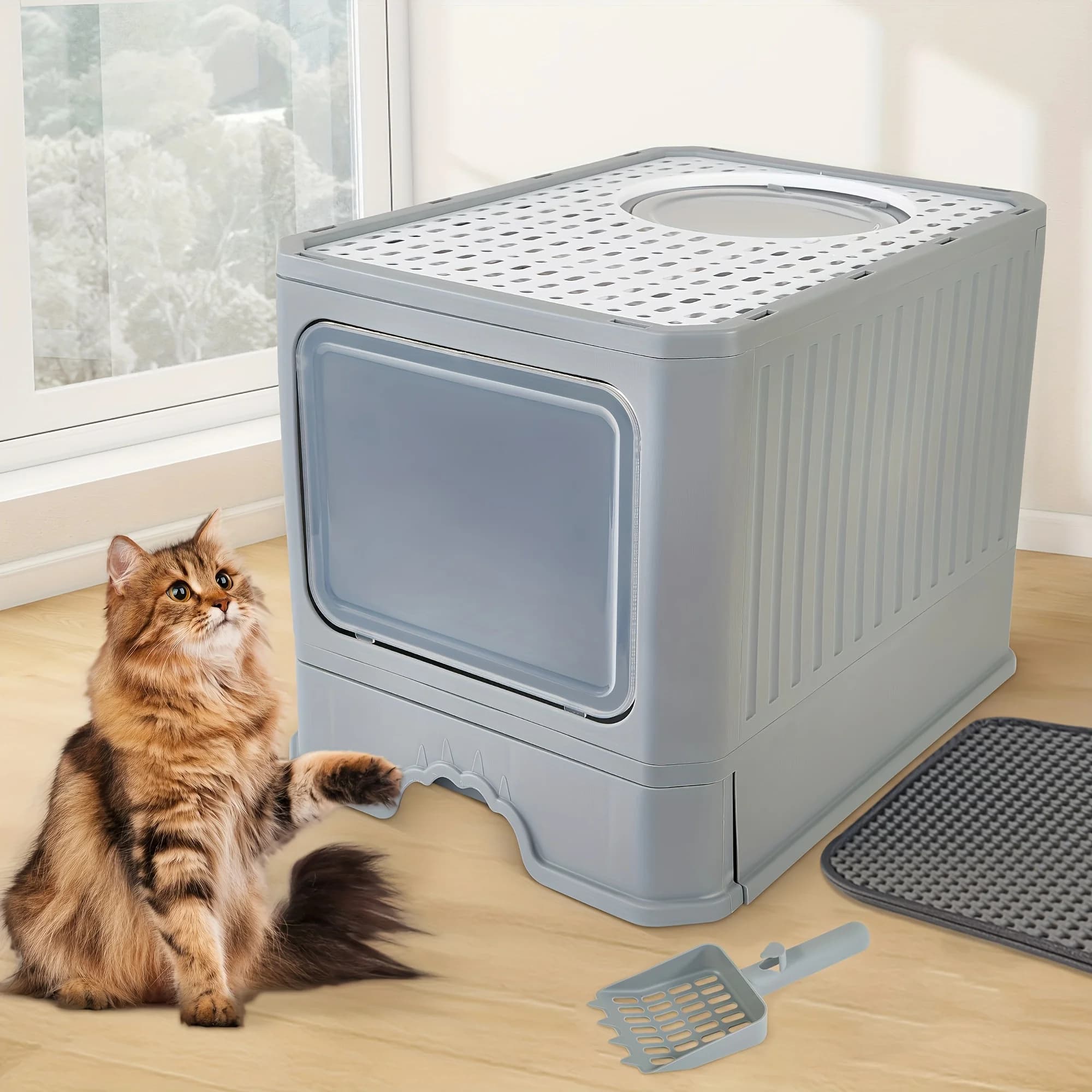 Lettiera per gatti pieghevole grande con tappetino e paletta, dotata di coperchio, ingresso frontale e uscita superiore per un facile accesso, progettata per Odo
