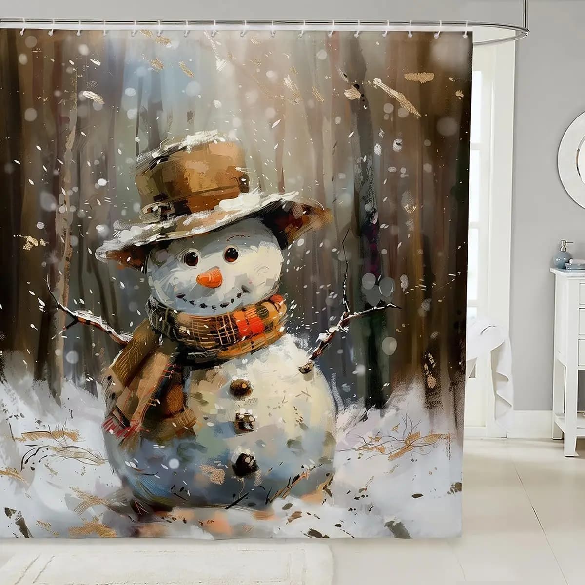 Tenda da doccia vintage da fattoria con pupazzo di neve di Natale con design a fiocco di neve invernale, arredamento per il bagno per lo stile rustico delle vacanze