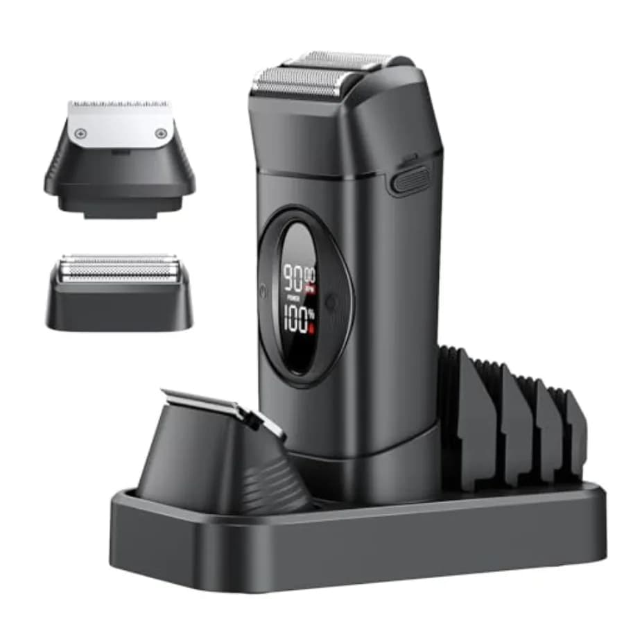 2-in-1 Foil Shaver and Beard Trimmer for Men, IPX7 Waterproof Electric Razor, Cordl Wet and Dry Electric Shaver with Two Interc