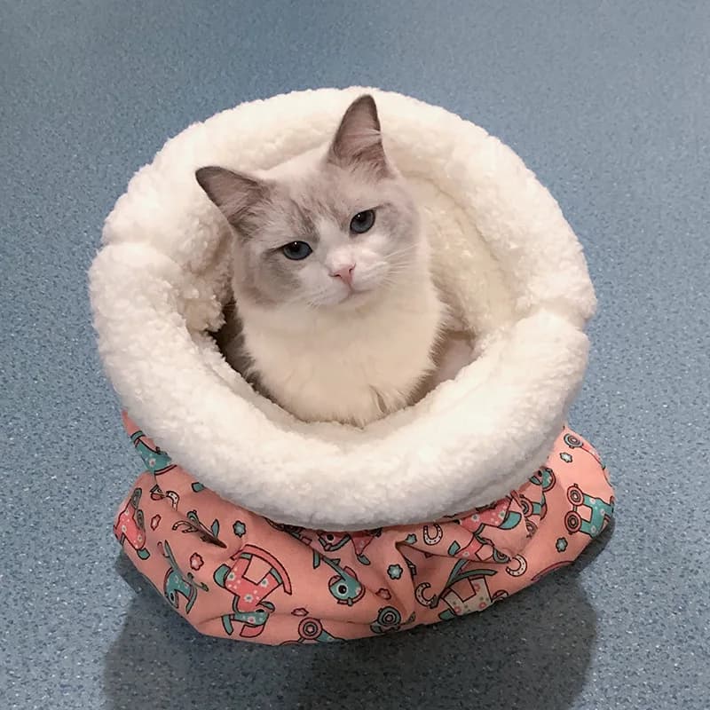 Soft and cudddly fur bag for cats, padded and warm cot for kittens and puppies, comfortable and warm cot