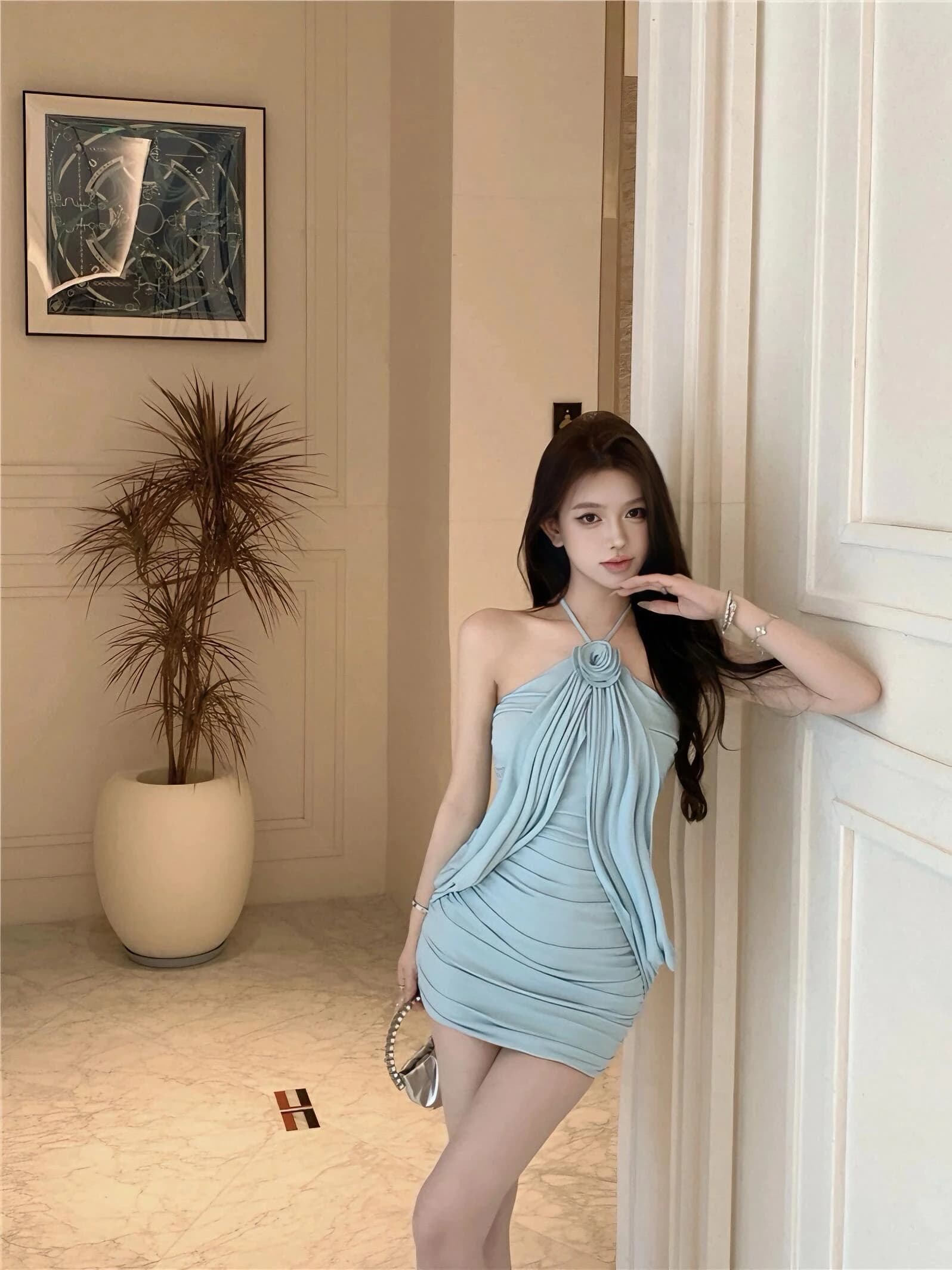 KING BRAND Women's Sexy High Waist Short Dress with Pleats Strap Floral Print Tight Bodycon Dress Spring Summer Autumn Winter