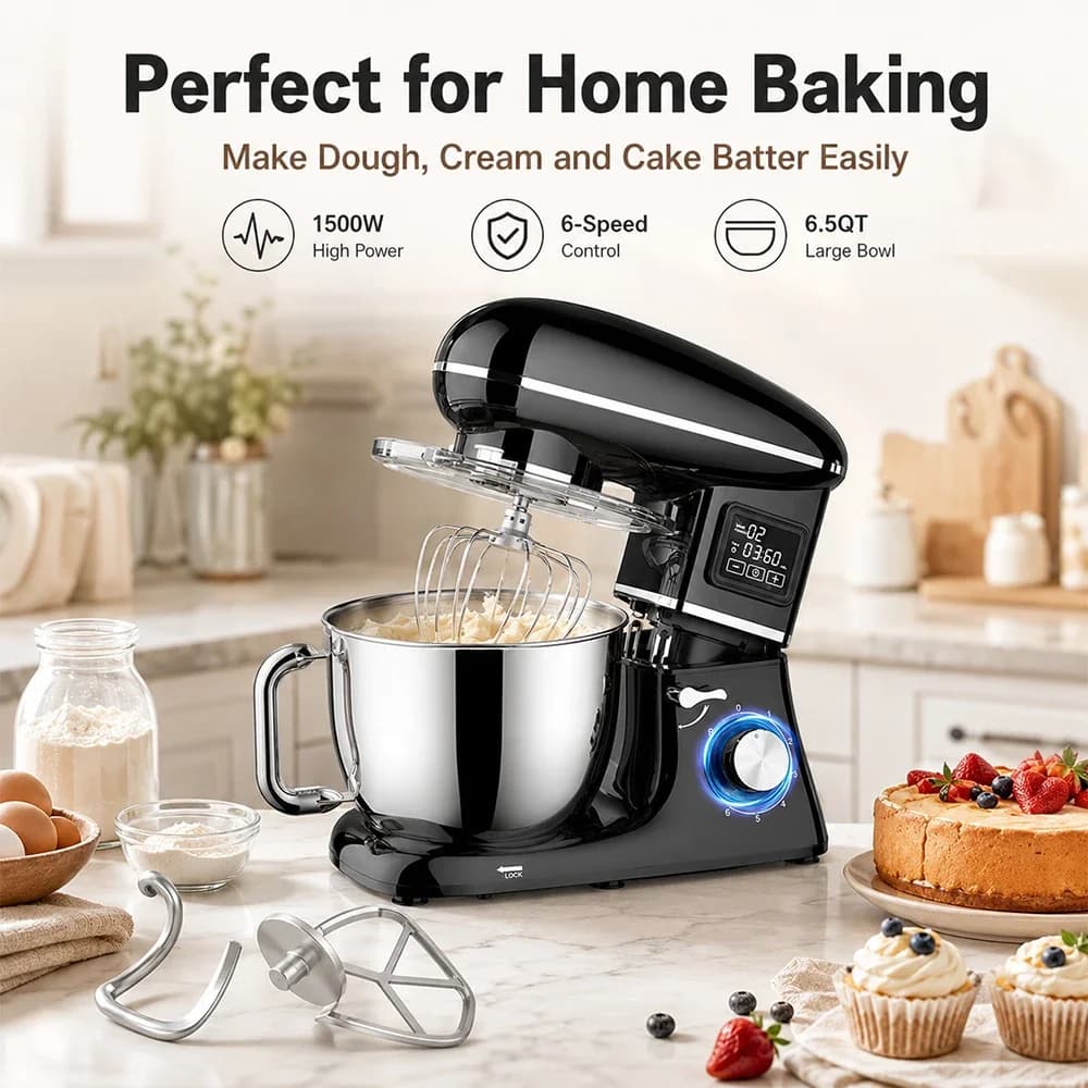 6.5L Multi-Functional Commercial Stand Mixer 1500W 6-Speed Silent Design with Smart Display Stainless Steel Bowl Dough Blender
