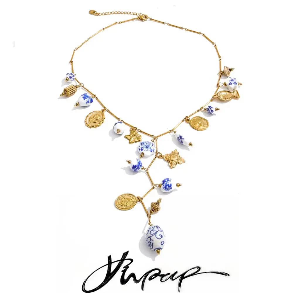 Collana Lunga Yhpup in Acciaio Inossidabile con Ciondolo a Cuore Floreale in Ceramica, Stile Esclusivo, Perline Fatte a Mano, Gioielli PVD Popolari per l'Estate