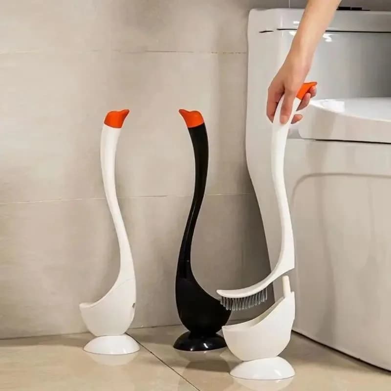 Swan shaped long handle toilet brush, practical cartoon cleaning tool with bracket, suitable for daily household bathroom use