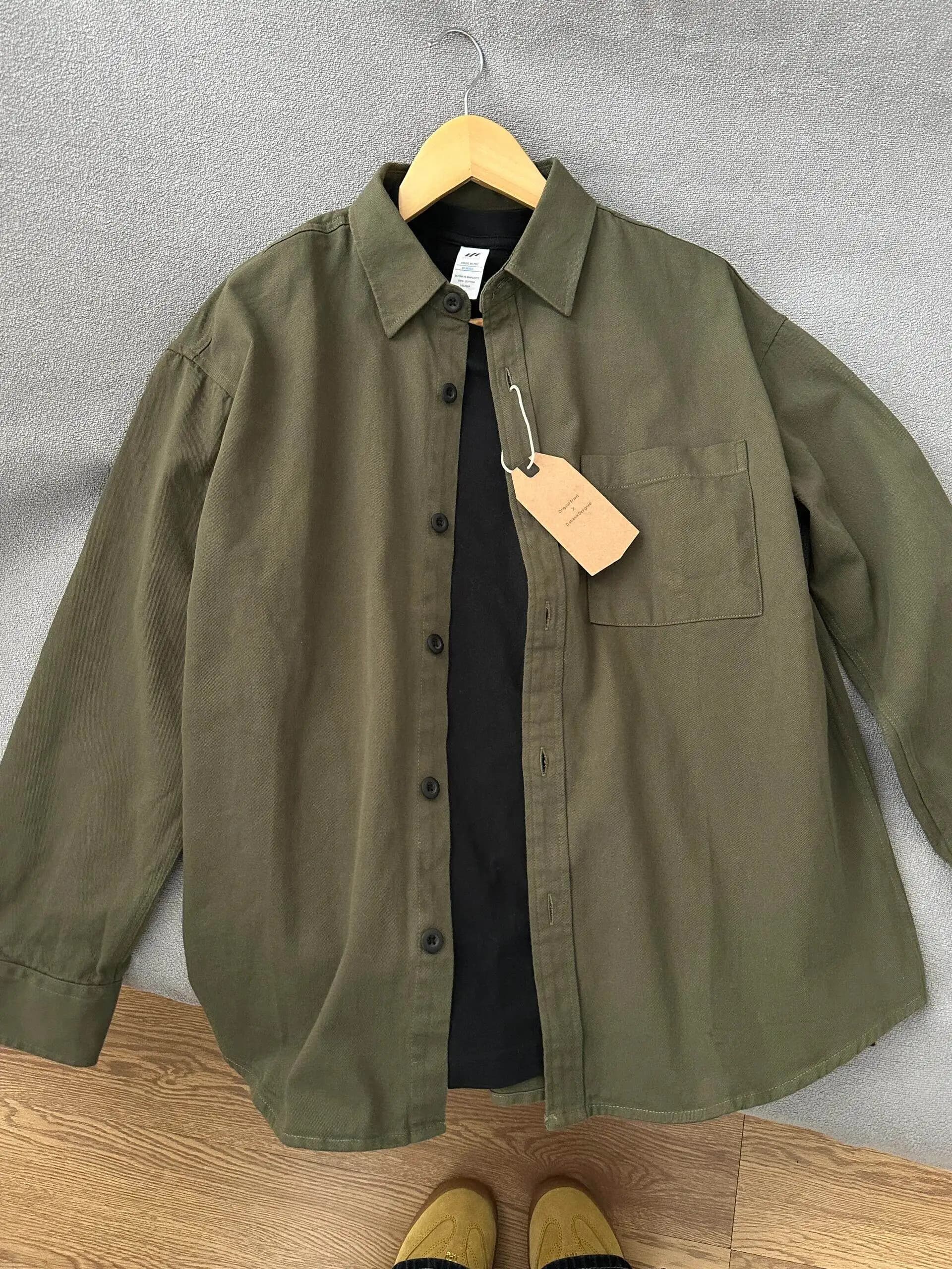 Retro Military Green Workwear Shirt Men's Casual Loose Long Sleeve Cotton Jacket Outerwear Autumn Trendy Brand Youth Popular